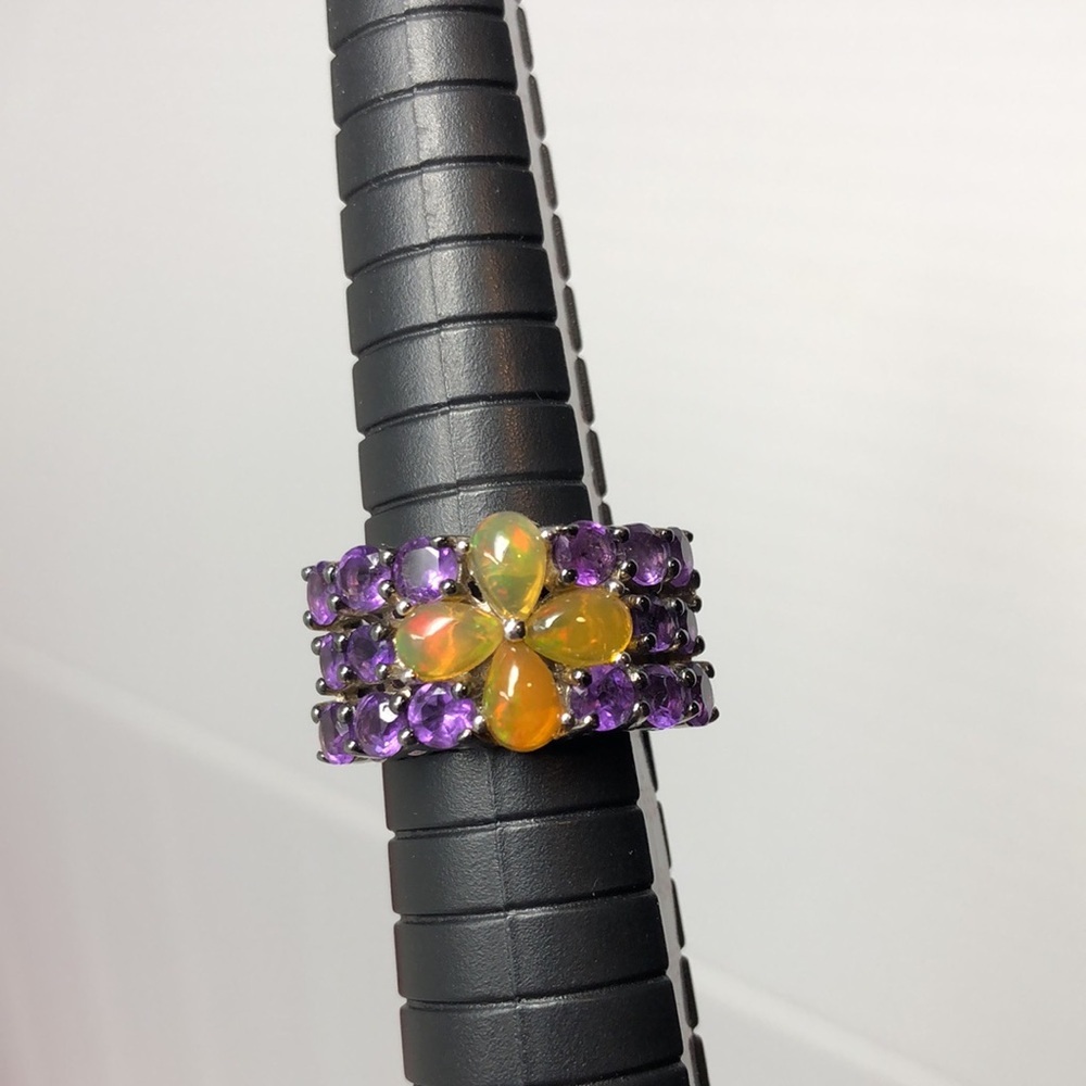 Ethiopian Opal & Rhodolite Ring Rhodium Over Sterling Silver Band Size 5.75 - Picture 16 of 16